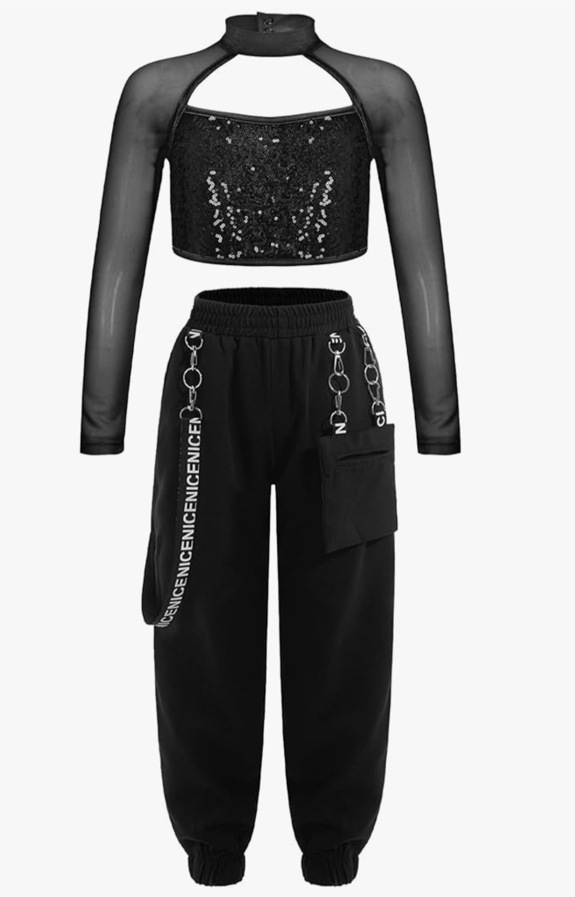 Kids Hip Hop Dance Clothes Girls Street Dance Outfits Mesh Sleeves Sequins Crop Tops and Jogger Pants Set