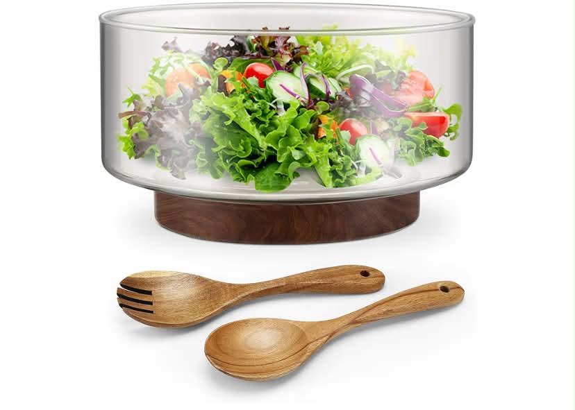 Large 3700ML Glass Salad Bowl with Wood Salad Tongs, Enhanced Stability Design, Versatile Serving Bowl for Salads, Fruits,