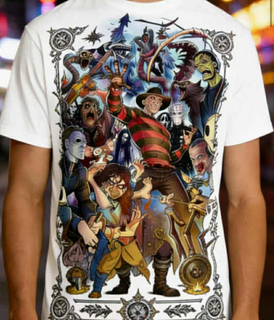New Summer Men'S Short Sleeve White Shirt, Classic Horror Character Collection on The Front, Surrounded by Retro Steampunk Border, American Retro And Horror Culture Collision