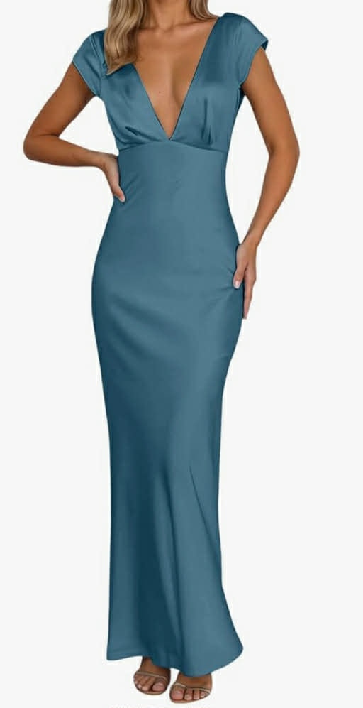 Elegant Satin Midi Dress Women's V-Neck Backless Detail Cocktail Party Evening Dress Summer Casual Dress Fashion Comfortable Stylish