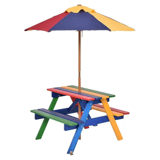 Kids Picnic Table, Garden Wooden Bench with Removable Umbrella, Outdoor Children Furniture Parasol