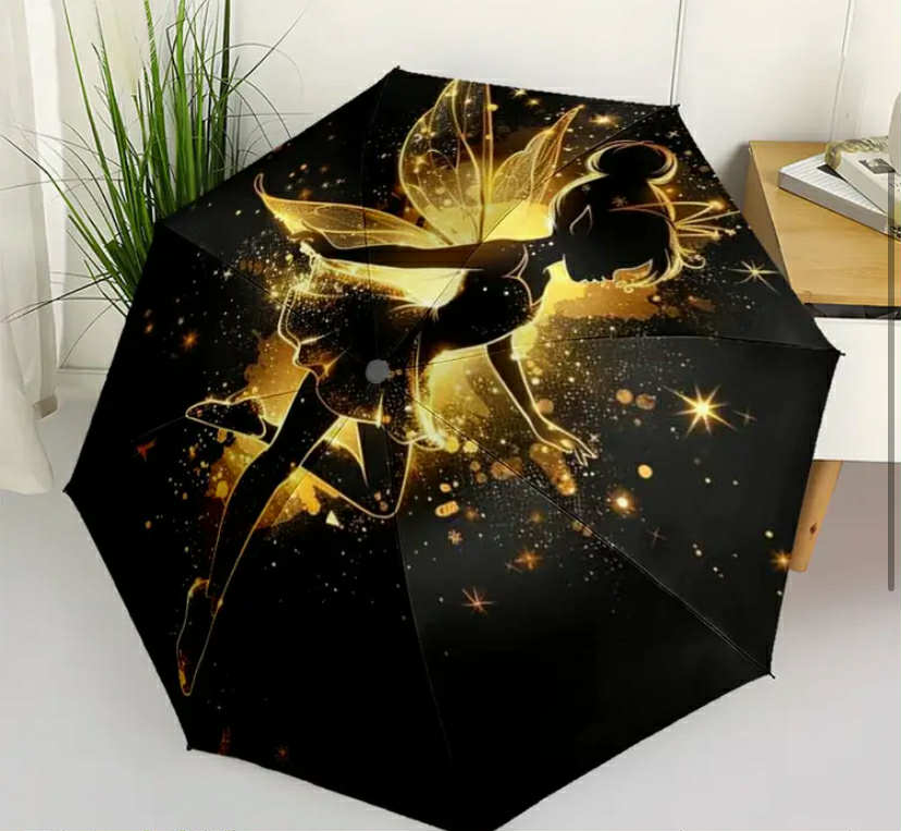 A Sticker Decal Featuring Sparkling Golden Wings, Perfect for Cars, Laptops, Phones, And Tablets. It Also Includes a Cute Design Portable 3-Fold Compact Umbrella Suitable for Both Men And Women,