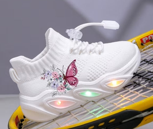 Butterfly Pattern Casual Running Shoes and with Glowing Sole, Adjustable Laces + Lantern Design +  Collar+ Butterfly Print Breathable Leisure Sports, Running Footwear,