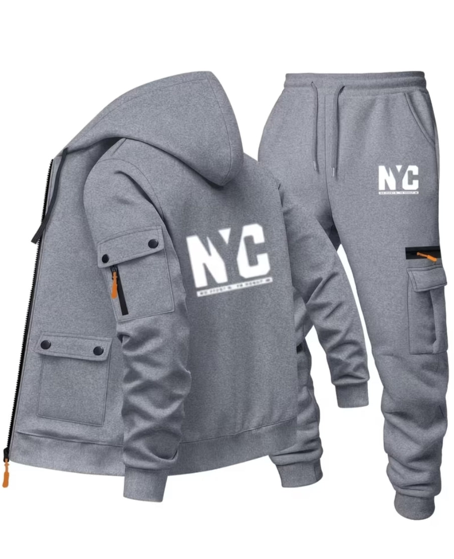 Men'S Hooded Cardigan Sweatshirt And Athletic Casual Print Cargo Long Pants