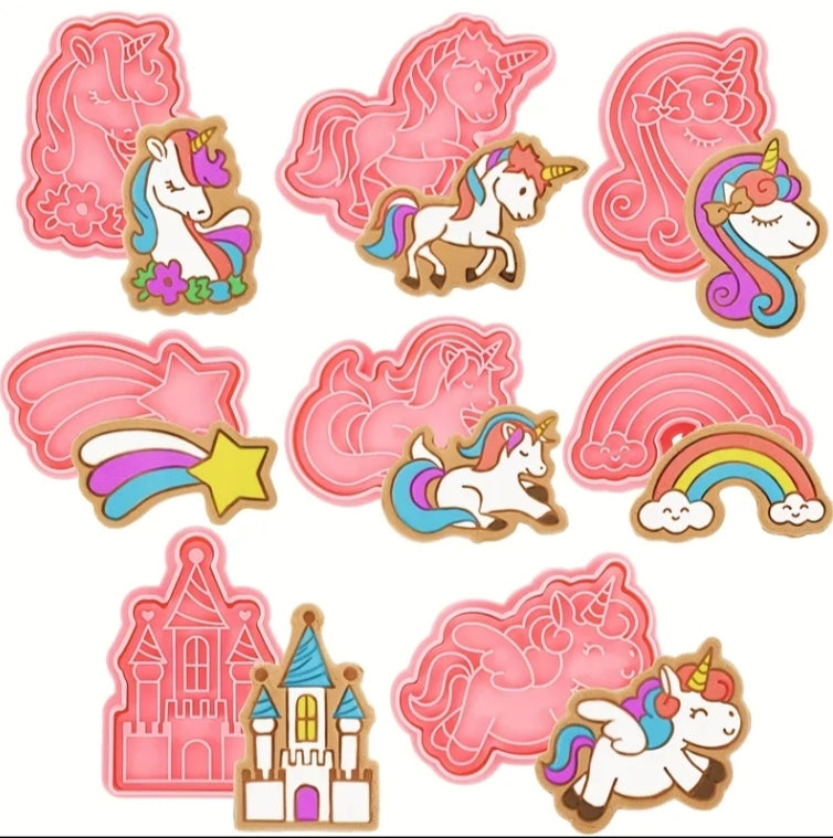 Set of 8 Unicorn Cookie Cutters Featuring a Pink Unicorn Design, Perfect for 3D Cookie Embossing in Baking