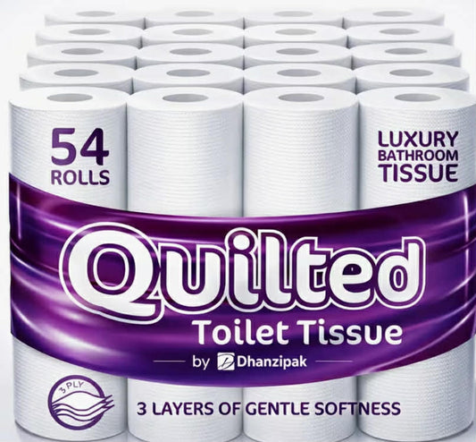 54 Rolls of 3-Ply Premium Quilted Toilet Paper Generous Length per Roll Luxuriously Soft, Strong & Highly Absorbent Toilet Tissue