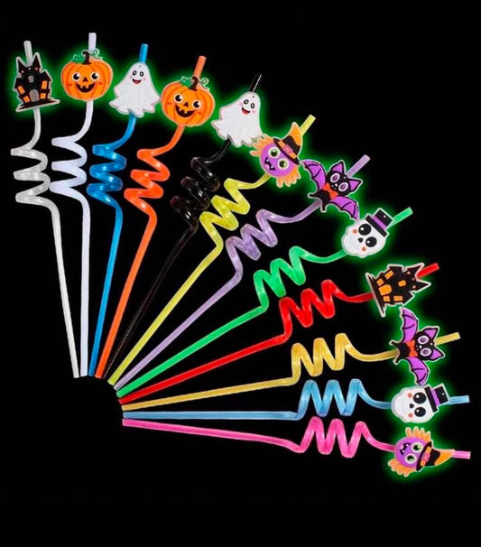 10 x Halloween Theme Night Light Decorative Straws, Reusable Spiral Straws,