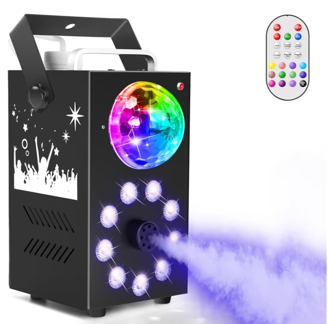 Smoke Machine, 700W Fog Machine, 9 LED Lights with Disco Ball, Remote Control with Strobe, Auto,