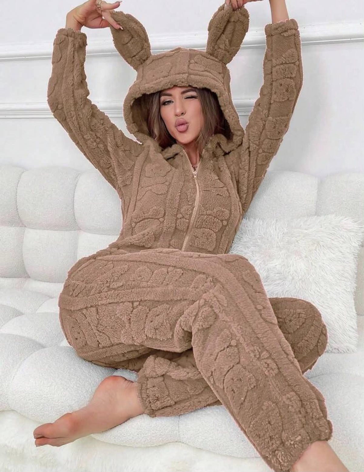 Women's Warm Fleece Zip-Up Jumpsuit Fluffy Cozy Pajamas For Winter