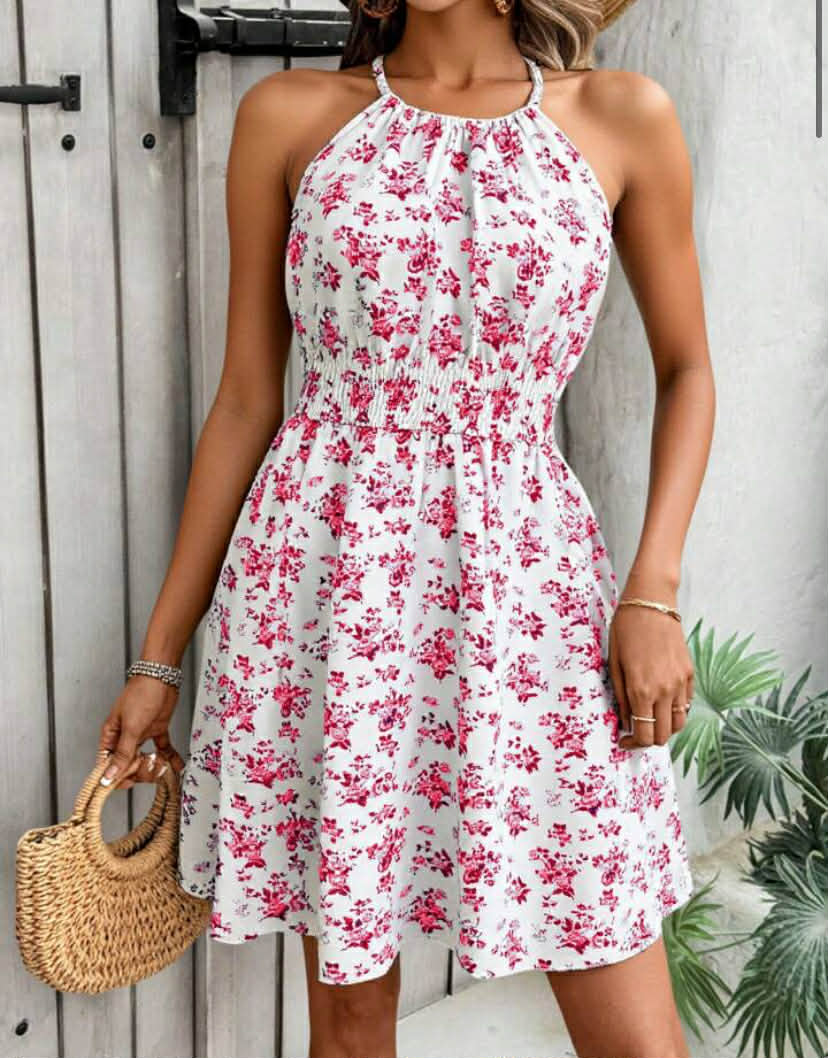 Full Print Vacation Casual Cinched Waist Halter Neck Dress