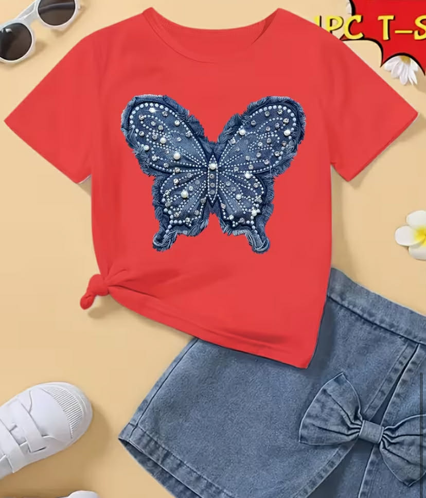 Short-Sleeve T-Shirt for Girls Featuring a Pearl Pattern And Butterfly Print, Made of Soft Fabric with a Round Neck.