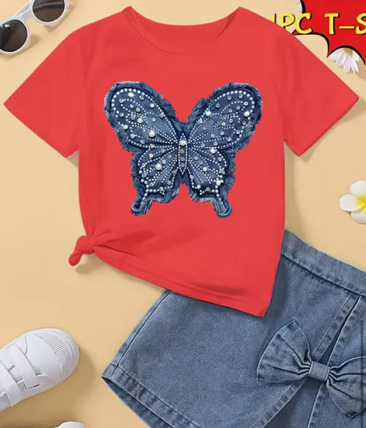 Short-Sleeve T-Shirt for Girls Featuring a Pearl Pattern And Butterfly Print, Made of Soft Fabric with a Round Neck.