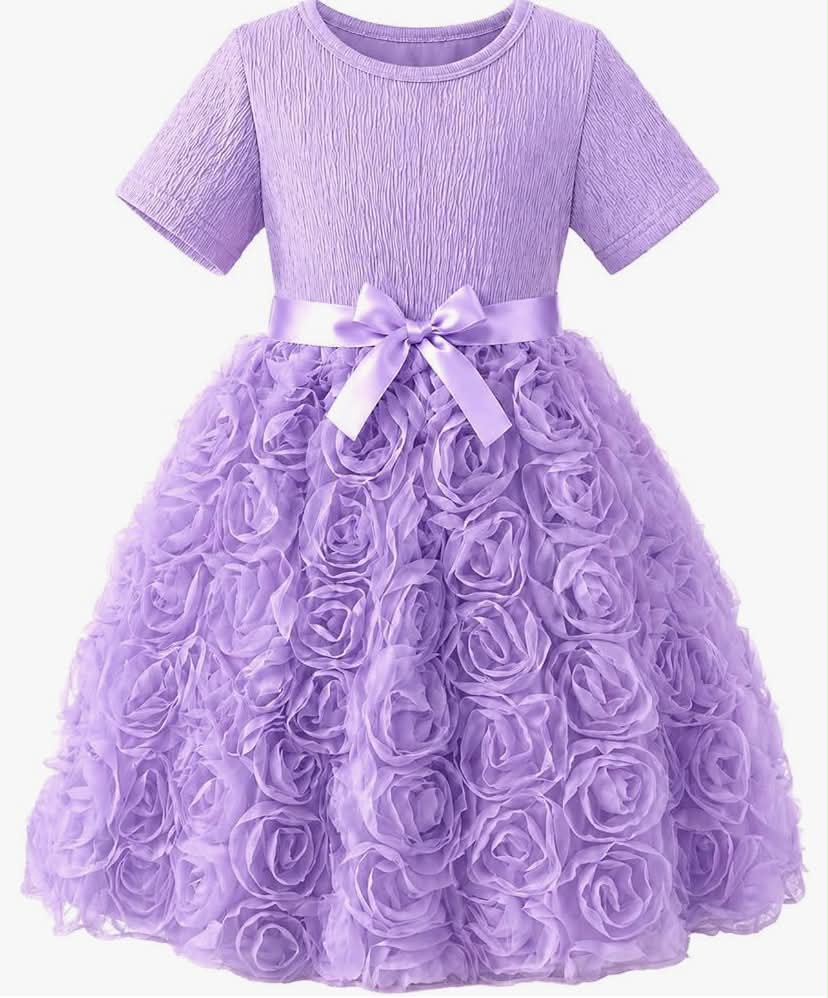 Girls Flower Dress Long Sleeve Rose Tulle Princess Party Dress with Satin Bow, Toddler Little Girls Birthday Wedding Occasion Dresses