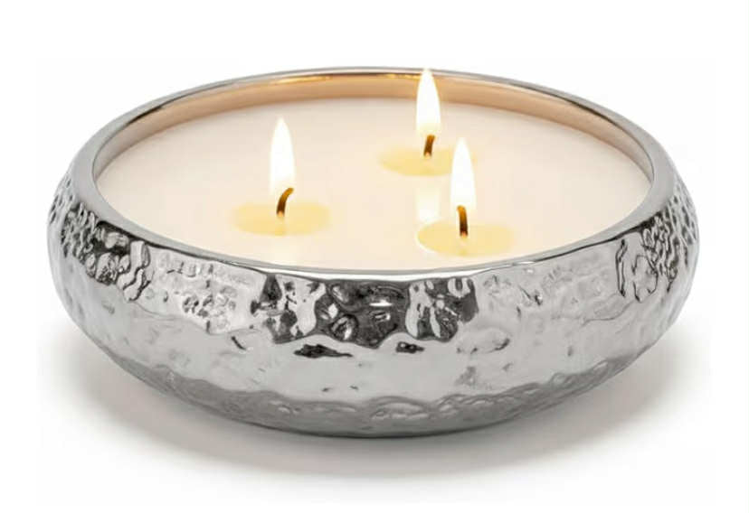 3 Wick Vanilla Scented Candle in Hammered Champagne Bowl (14 cm)