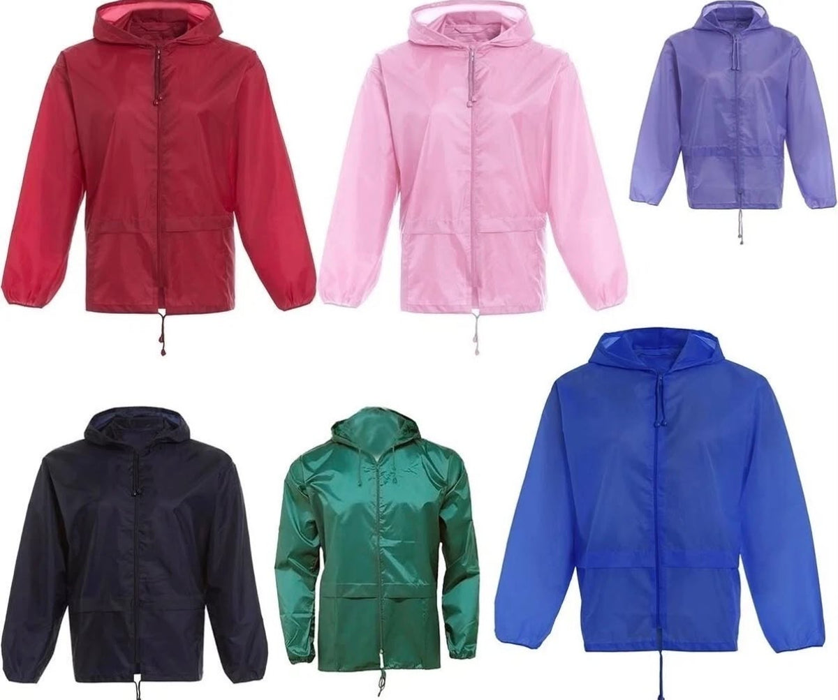 Kids Plain Kagool Raincoat Hooded Waterproof Jacket Packaway Mac Lightweight