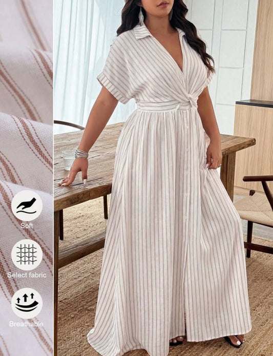 Cravure Plus Size Women's Spring/Summer Striped Long Sleeve Knot Waist Flared Hem Casual Vacation Commuter Dress