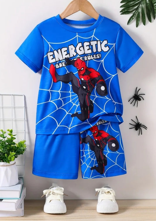 2 pcs/set Boys 3D Print Cartoon Spider Web Alphabet Design, Cool Blue T-shirt and Shorts, Fashionable Boys