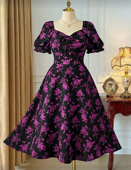 DreamSkyne Plus Size Women Floral Print V-Neck Short Sleeve Knee-Length Dress