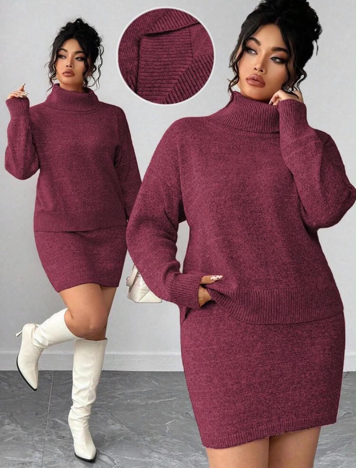 Women 2-Piece Set, Loose Long Sleeve Solid Color Turtleneck Sweater