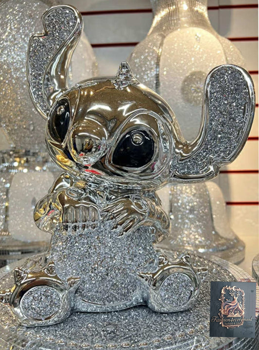 Elegant Crushed Diamond Silver Crystal Ceramic Stitch Ornament Sparkly Shelf Sitter Decor Featuring Lilo Stich- 30cm
