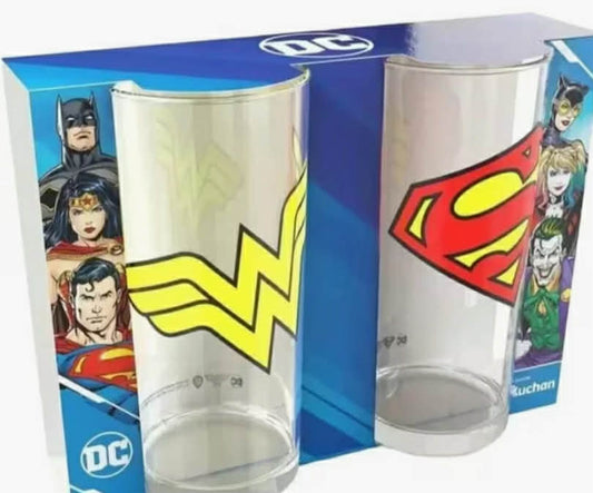 DC Comics Superman & Wonder Woman Glass Tumbler Set – 2 Pack Kids Drinking Glasses, 270ml Superhero Cups