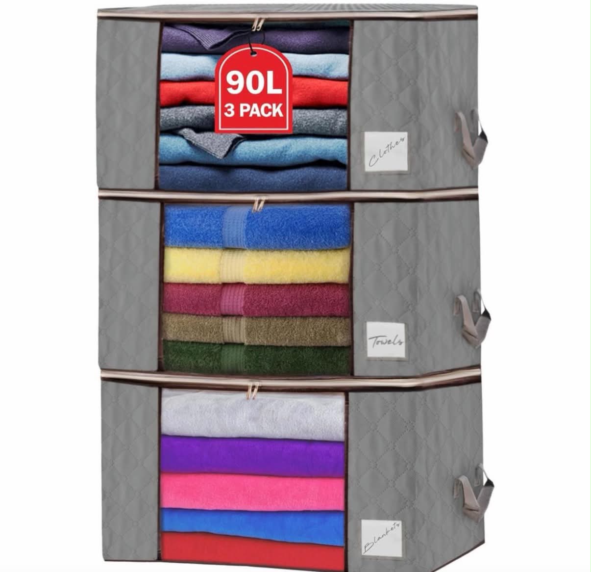 Clothes Storage Bags with Zips 90L Large Capacity Foldable Breathable Storage Boxes with Thick Reinforced Handles Transparent Window Storage Bags for Toys, Clothing, Bedding, Blankets (Grey, 3 pack)