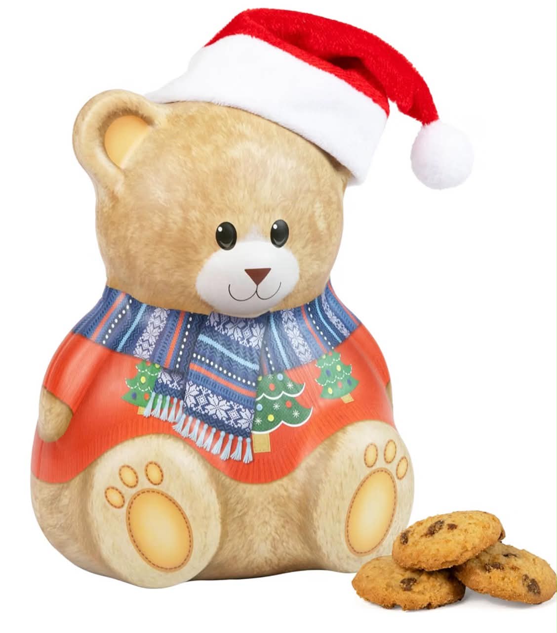 Christmas Bear with Hat Gift Set - Christmas Biscuits Tin, Novelty Biscuit Tins with 100g Mini Chocolate Chip Cookies - Luxury Biscuits