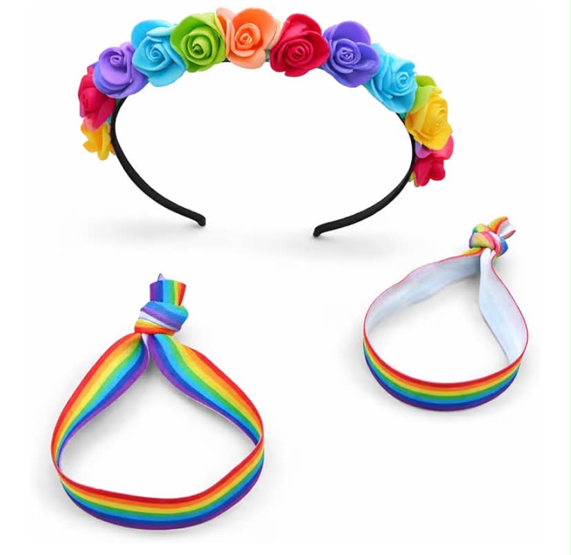 Rainbow Flower Headband with Ribbons & 2 Wristbands – Pride Month Accessories Set for LGBTQ Parade, Pride Festival, Rainbow Costume Party, Gay Headpiece for Women Men