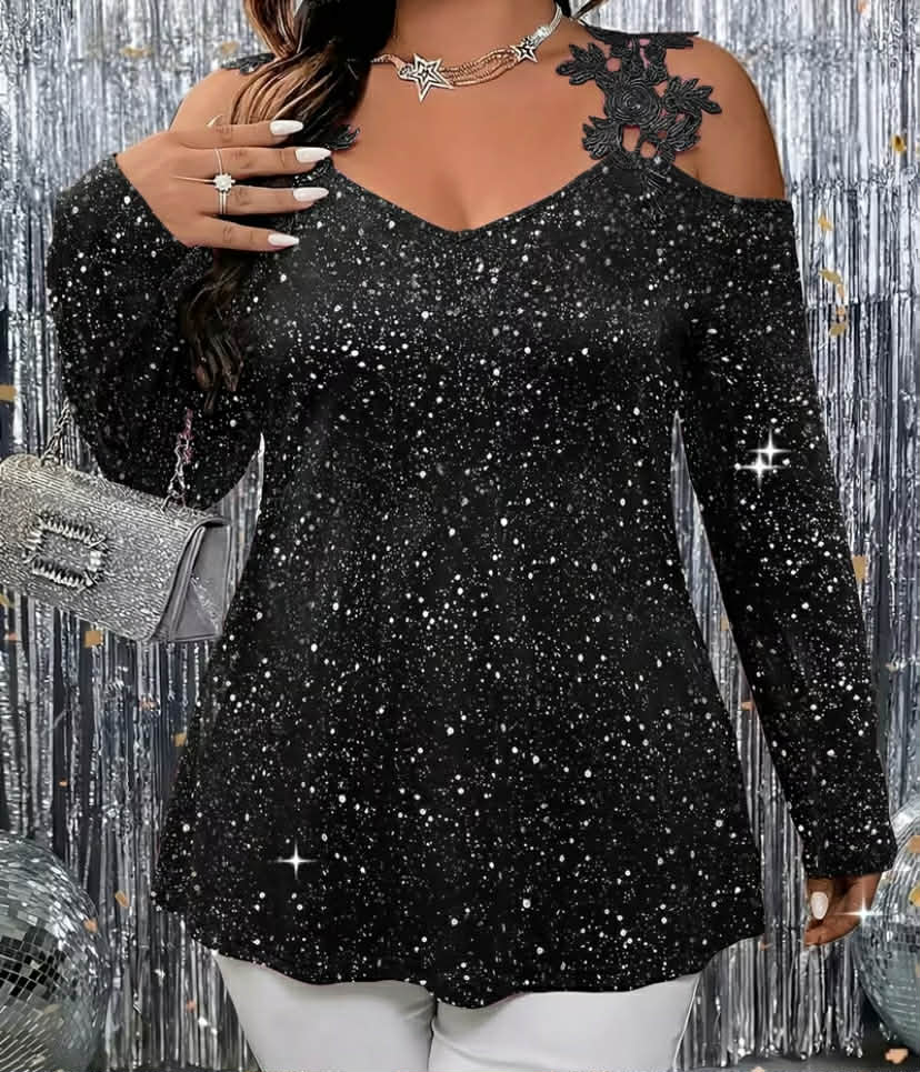 Directional Development of New European And American Fashion Printed Plus-Size Lace Patchwork Off-Shoulder Tops