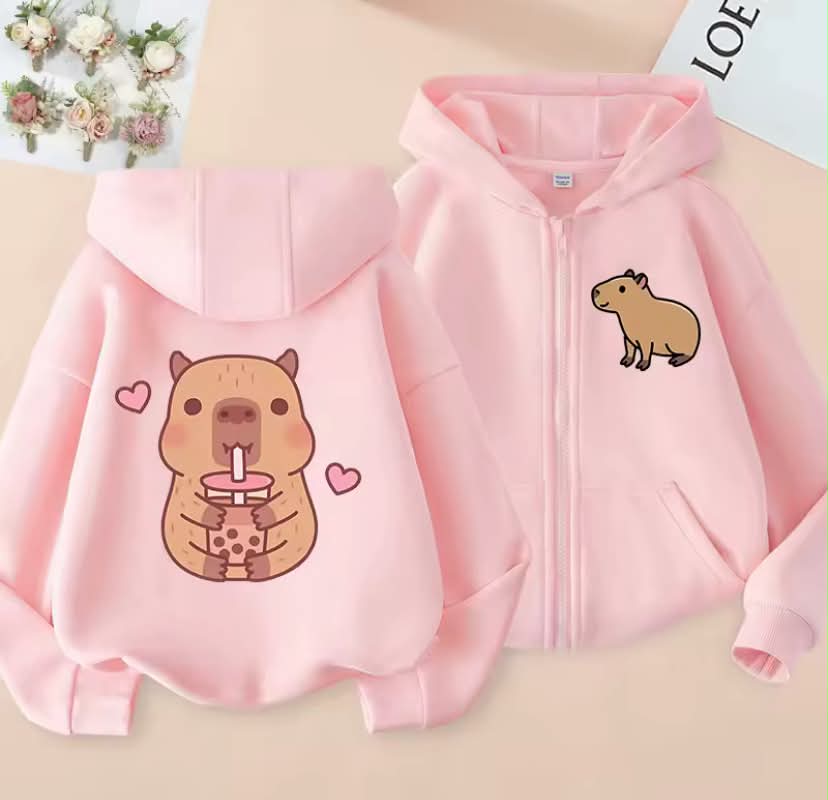 Funny Kids Capybara Zip Up Hoodie