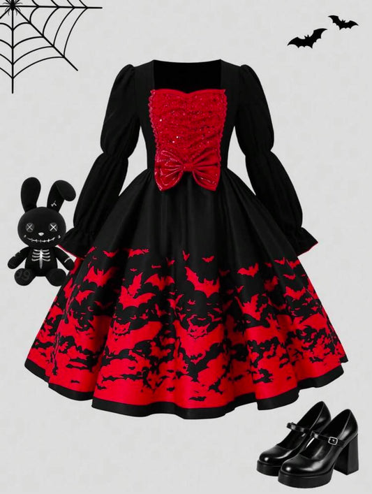 Girls' Autumn/Winter Halloween Vintage Sequin Bow Bat Print Square Neck Puff Long Sleeve Dress, Suitable For Daily Casual, Holiday Party, Gathering