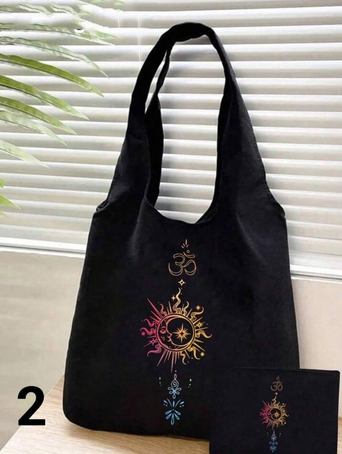 1 pc Pink And Blue Gradient Glitter Sun Moon Star Print Canvas Shoulder Bag,  Black Print Tank Top Tote Bag  Black Small Bag,