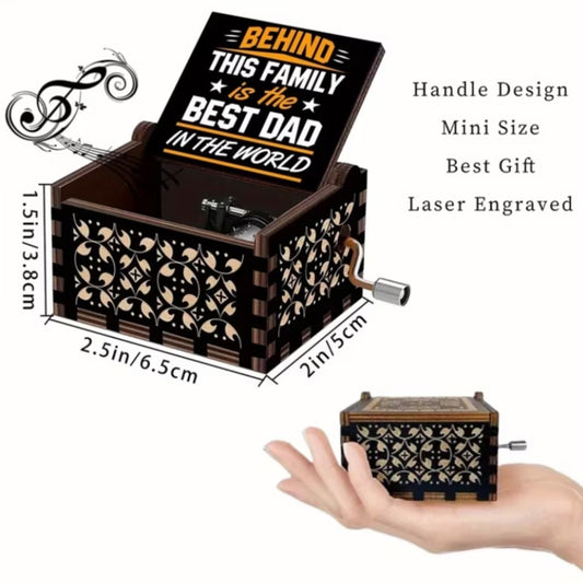 1 pc Best Dad In The World Wooden Hand-Cranked Music Box - Vintage Pine Wood Engraved "Behind This Family" Quote with Musical Notes, No Electricity Needed,