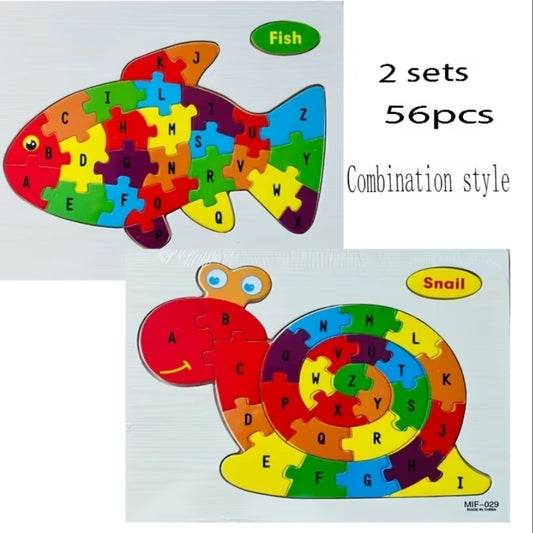Wooden Animal Alphabet Puzzle Set of 2. Brain-Teasing Letter-Shaped Puzzle. Educational And Cognitive Puzzle Board Toy Suitable for Children Aged 3 And Above