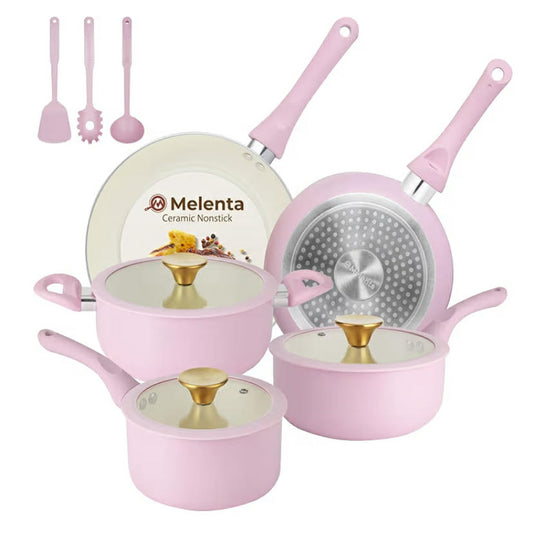 Pots and Pans Set Non Stick, 11 Piece Ceramic Induction Hob Pan Set, Non Toxic Cookware Set with Frying Pans, Saucepan Set, 100% PFOA Free, Pink