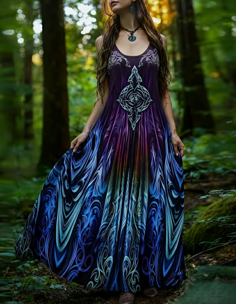 Plus-Size Women'S Viking Retro Style Forest-Themed V-Neck Sleeveless Loose-Fitting Totem Print Gradient Ethnic Long Dress, Perfect for Dates, Casual Spring And Summer Wear