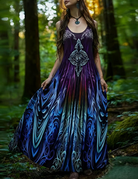 Plus-Size Women'S Viking Retro Style Forest-Themed V-Neck Sleeveless Loose-Fitting Totem Print Gradient Ethnic Long Dress, Perfect for Dates, Casual Spring And Summer Wear