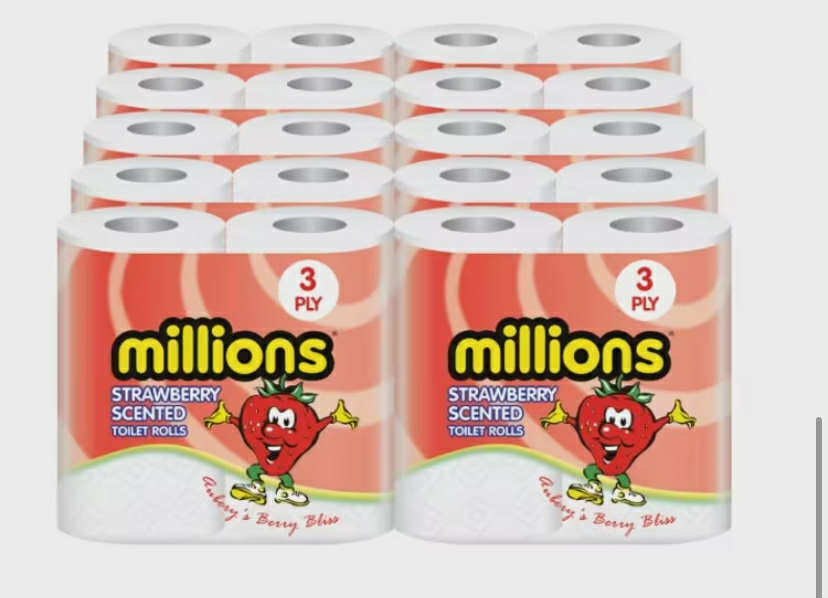 Millions Toilet Roll 3ply Strawberry Scented Soft Quilted Luxury Tissue Paper Strong & soft 40 Rolls