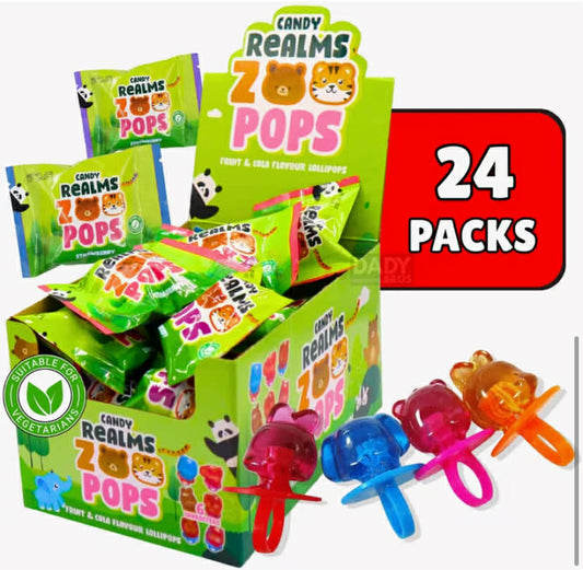 Candy Realms Zoo Lollipops 24 x 11g  Fun Fruit Flavour Sweets  Assorted Animal Shapes, Chewy & Fruity Treats