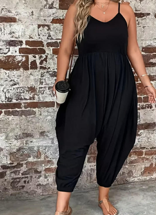 1 pc Women'S Plus Size Solid Ruched Loose Sleeveless Jumpsuit - Casual Comfortable Plus Size Clothing