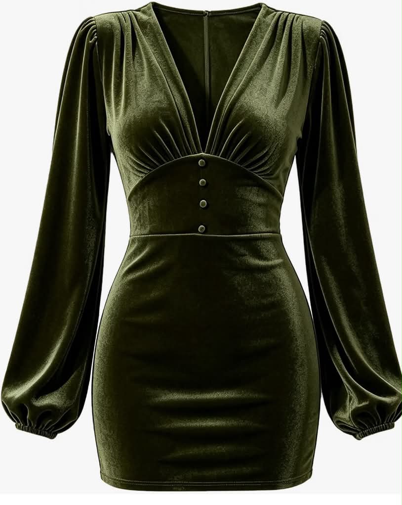 Women's Deep V Neck Puff Sleeve Velvet Mini Party Dress