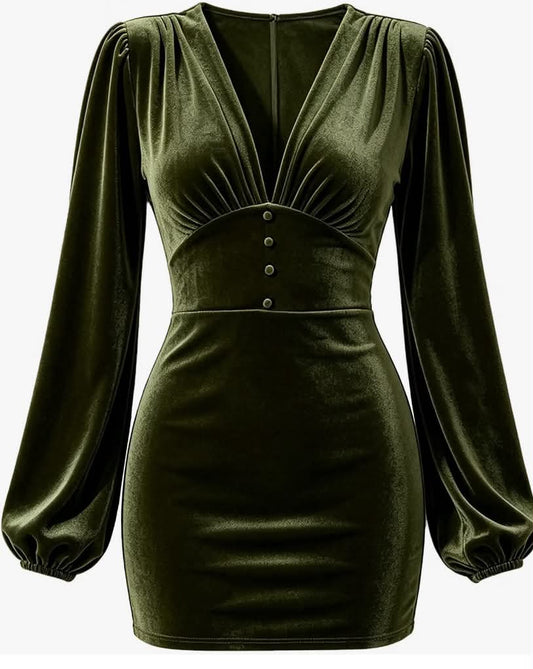 Women's Deep V Neck Puff Sleeve Velvet Mini Party Dress