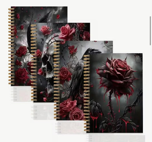 Set of 4 A5 Spiral-Bound Notebooks Featuring 100 Pages of Lined Paper, Adorned with a Golden Wire-O Binding, Showcasing a Gothic Raven And Rose Skull Design, Made from 300GSM Paper