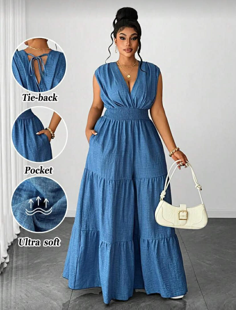 Denim Shirred Crossover Waist Design With Drawstring, Bowknot Back, Multi-Layer Ruffle Hem,