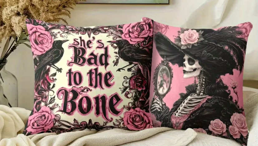4 pcs Halloween Skull Witch & Pink Roses Throw Pillow Covers, (Covers Only)