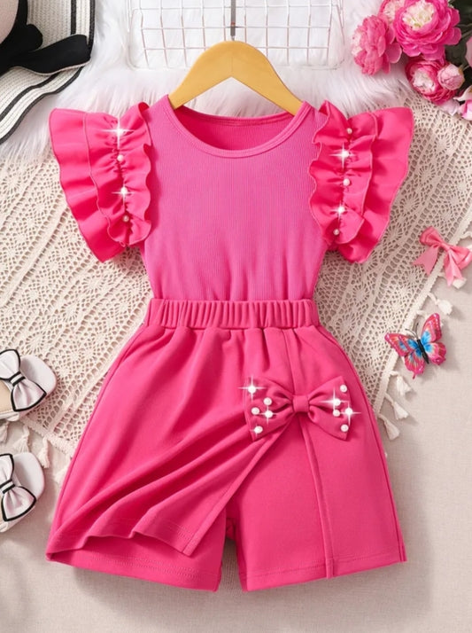 2 pcs Spring/summer Short Set for Young Girls, Featuring a Sleeveless Patchwork Ruffle Top with Bead Detailing and Shorts with Beaded Bow Embellishments.