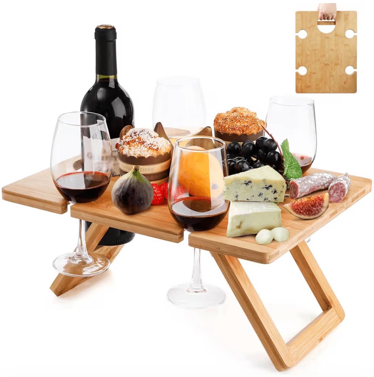 Portable Wine Picnic Table with 5 Wine Glasses Holder, Foldable Champagne Snack Tables, Beverage and Cheese Table for Picnic, Camping, Park, Beach, Outdoor Lover Gift