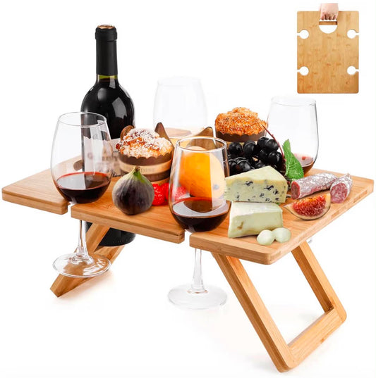 Portable Wine Picnic Table with 5 Wine Glasses Holder, Foldable Champagne Snack Tables, Beverage and Cheese Table for Picnic, Camping, Park, Beach, Outdoor Lover Gift