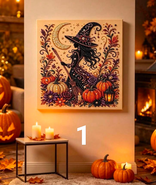1pc Halloween Ghost Rhinestone Art DIY Kit, Pearl Bead Craft Canvas With Pumpkin,