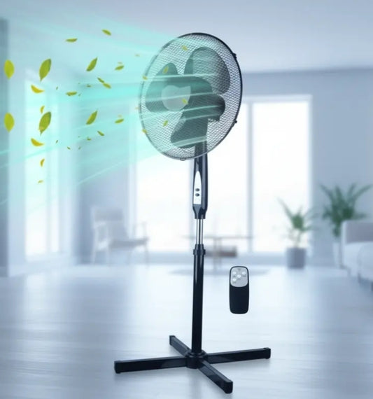 16 Inch Pedestal Fan Oscillating Quiet Operation Adjustable Height Remote Control 3 Speeds 3 Modes Black